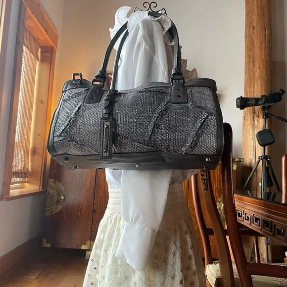 Burberry Grey Leather and Woven Patchwork Straw Satchel - Picture 5 of 9